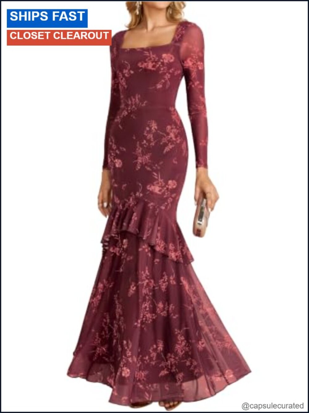 KUTUMAI Women's Floral Long Sleeve Maxi Dress Bodycon Formal Wedding Guest